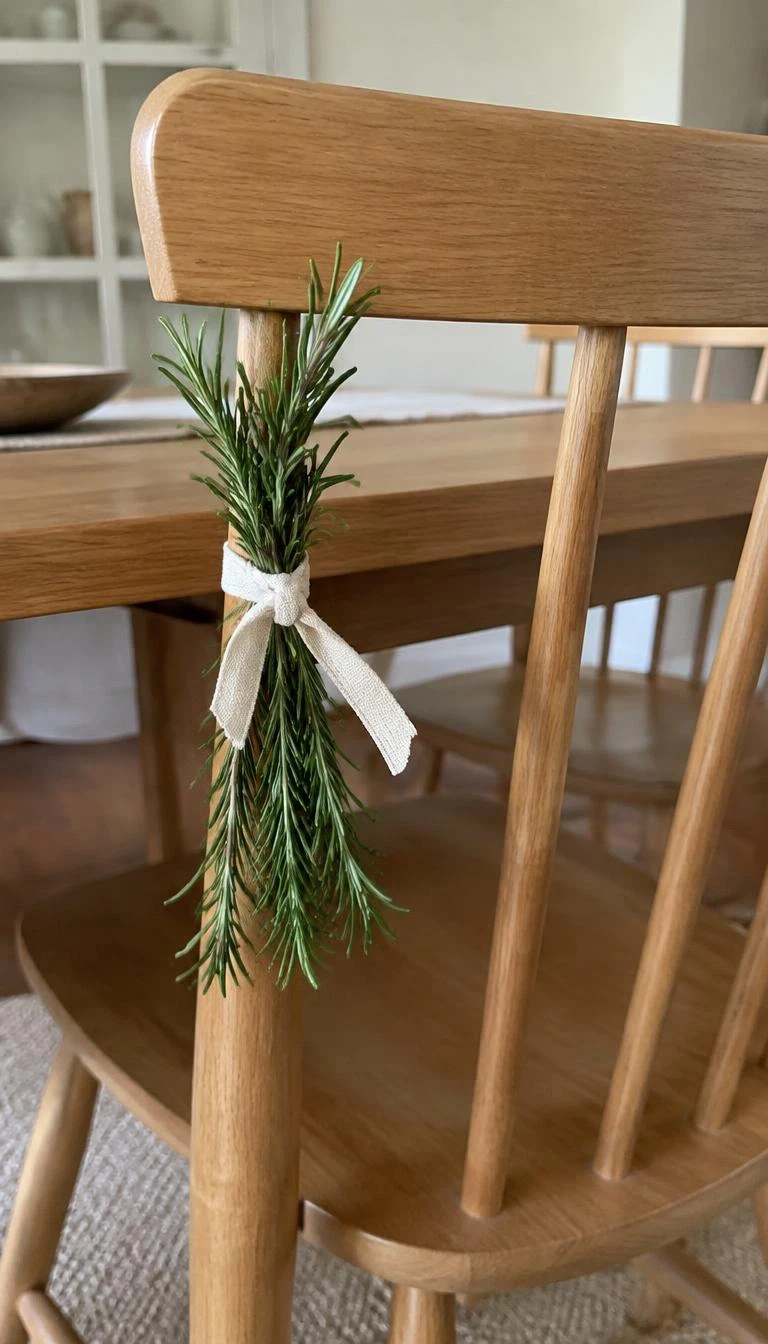 A candid, realistic iPhone photograph of a dining chair, showing three sprigs of fresh green rosemary tied with a thin cotton ribbon to the back spindle, light wooden chair frame.