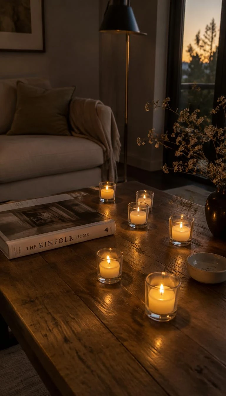 A candid, realistic iPhone photograph of a low wooden coffee table, displaying six small glass cups with burning beeswax votive candles, an art book, soft ambient dusk lighting.