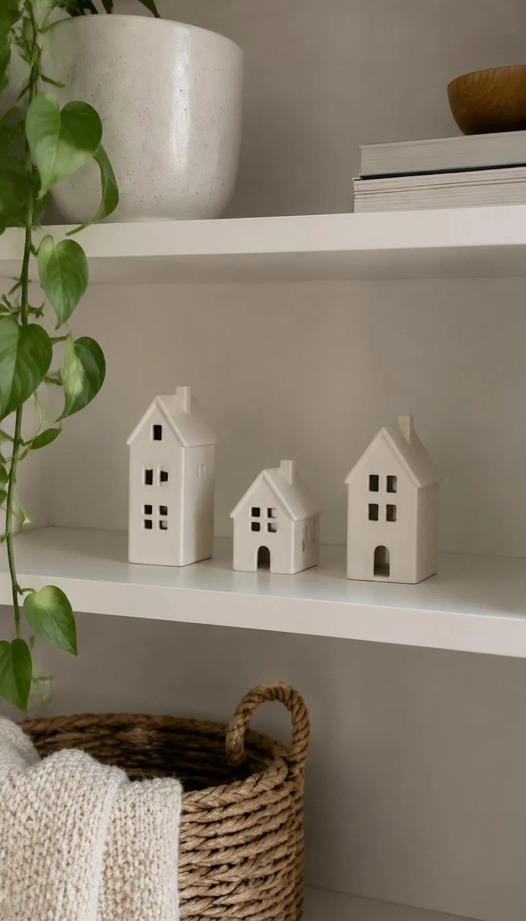 Group Matte White Village Houses In Uneven Numbers A candid, realistic iPhone photograph of painted white shelves, showing a trio of small porcelain houses in matte finishes arranged with subtle gaps between them, clean lines, warm natural window light