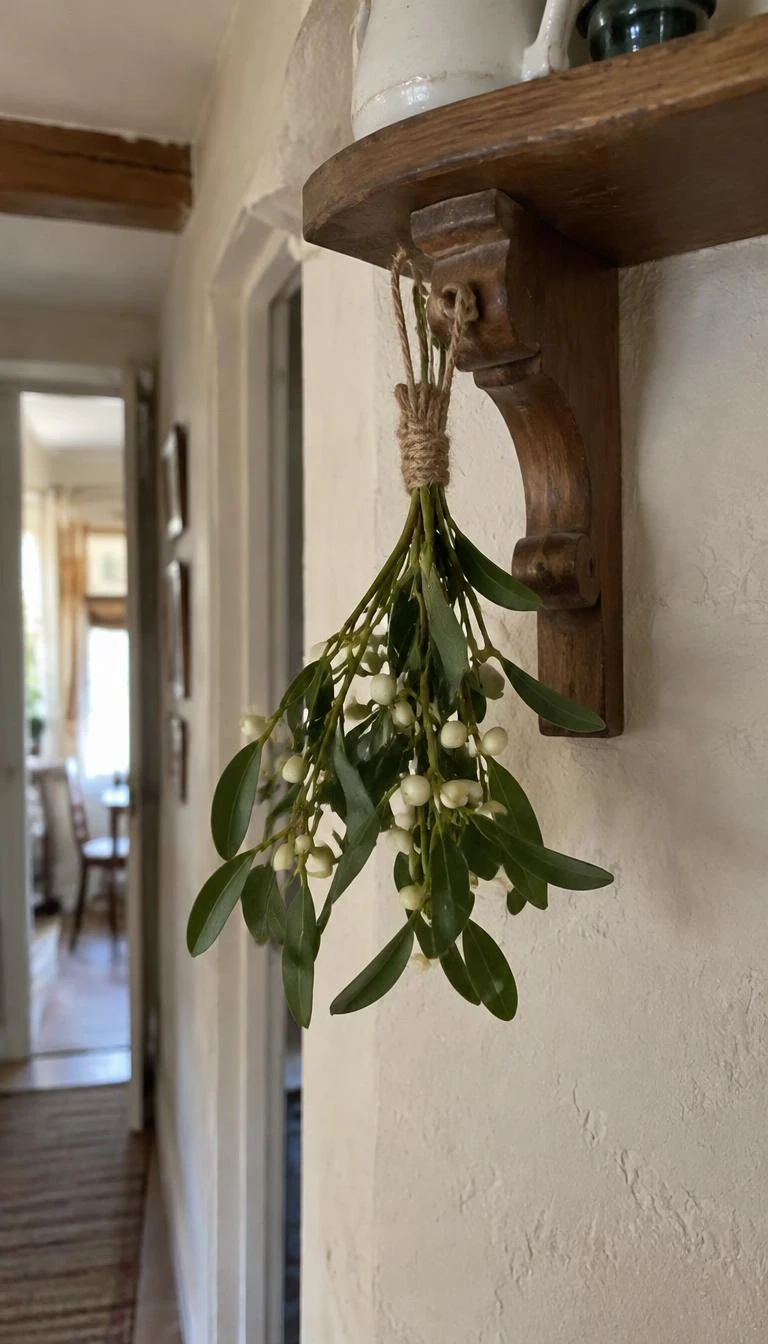Tie Mistletoe Bundles To Turned Wood Brackets A candid, realistic iPhone photograph of a cottage hallway shelf, showing a small bundle of fresh mistletoe tied with raw hemp twine to a turned wooden bracket, natural plaster wall, soft gentle daylight