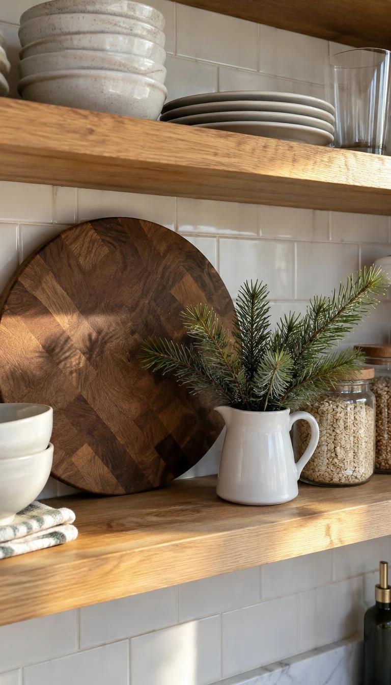 Prop Heavy Cutting Boards Behind Evergreen Sprigs A candid, realistic iPhone photograph of kitchen open shelving, showing a round end-grain oak board propped against subway tile behind a small white pitcher of pine clippings, warm morning light