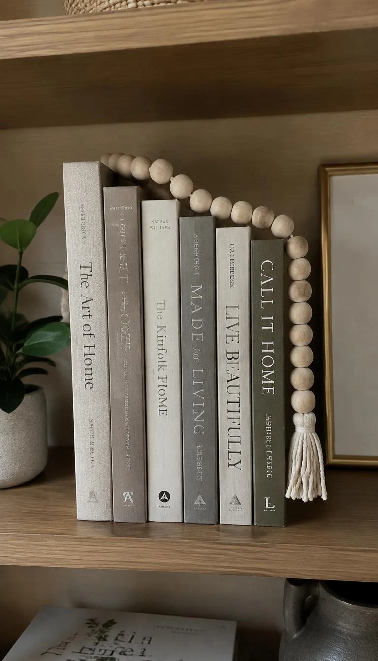 Drape Wooden Bead Garlands Across Book Spines A candid, realistic iPhone photograph of an office bookshelf, showing a natural raw wood bead garland trailing loosely over the tops of vertical linen-bound books, soft shadows, warm natural wood grain