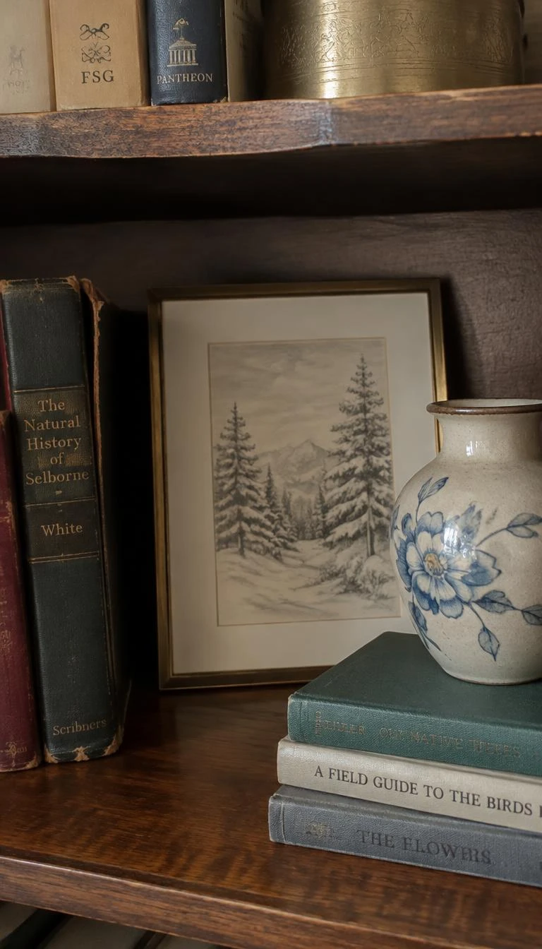 Lean Framed Winter Landscape Prints Against The Back Wall A candid, realistic iPhone photograph of a study bookcase, showing a small framed pencil sketch of snowy pines leaning behind a ceramic vase, antique dark wood shelf, gentle afternoon lighting, clear focus on paper grain