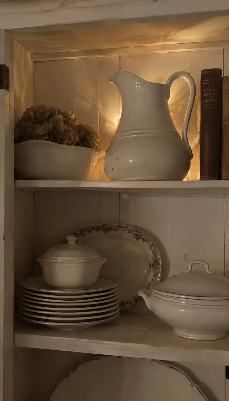 Tuck Battery Fairy Lights Behind Vintage Ironstone Pitchers A candid, realistic iPhone photograph of an antique white cabinet shelf, showing warm micro fairy lights hidden behind an antique ironstone jug, casting a soft silhouette on the backboard, evening indoor lighting