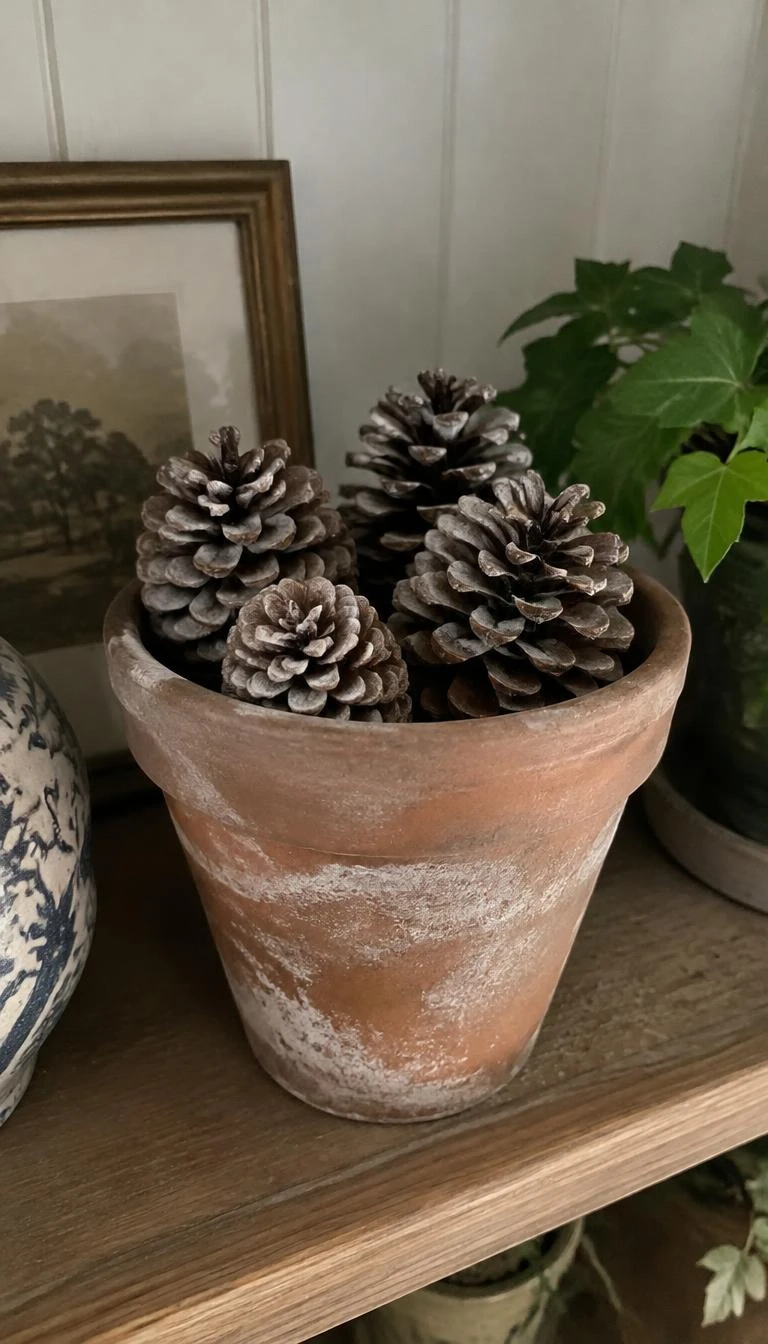 Contrast Raw Terracotta Pots With Frosted Pinecones A candid, realistic iPhone photograph of a garden room shelf, showing an aged clay terracotta pot filled with four natural pinecones lightly dusted with baking soda, earthy textures, warm ambient indoor daylight