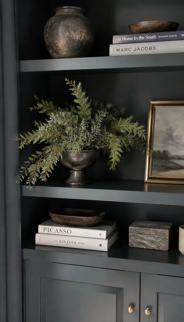 Anchor Dark Shelves With Fresh Juniper Bunches A candid, realistic iPhone photograph of charcoal painted living room built-ins, showing a heavy cluster of fresh blue-berried juniper resting inside a small iron compote, natural directional window light
