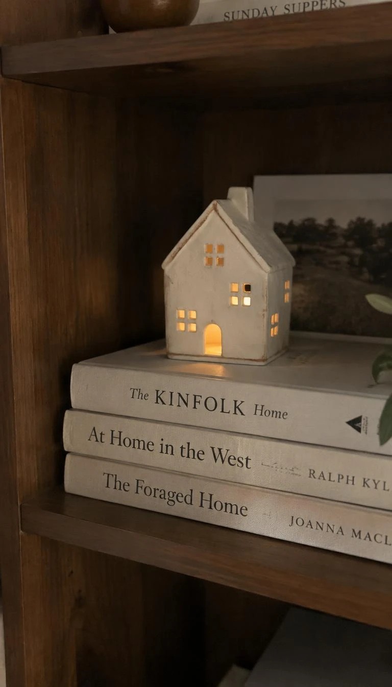 Stack Neutral Hardcovers Beneath Ceramic Houses A candid, realistic iPhone photograph of a library corner, showing three cream clothbound books stacked horizontally on a walnut shelf, topped with a small unglazed white ceramic cottage holding a glowing warm tealight, muted winter light, realistic textures