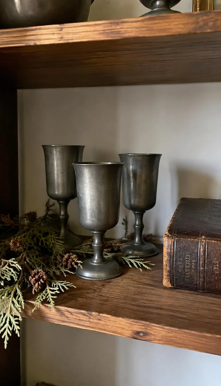 Balance Open Shelving With Antique Pewter Cups A candid, realistic iPhone photograph of a rustic dining shelf, showing three matte pewter goblets paired with dried cedar sprigs and an antique leather book, gentle winter daylight, authentic metal patina