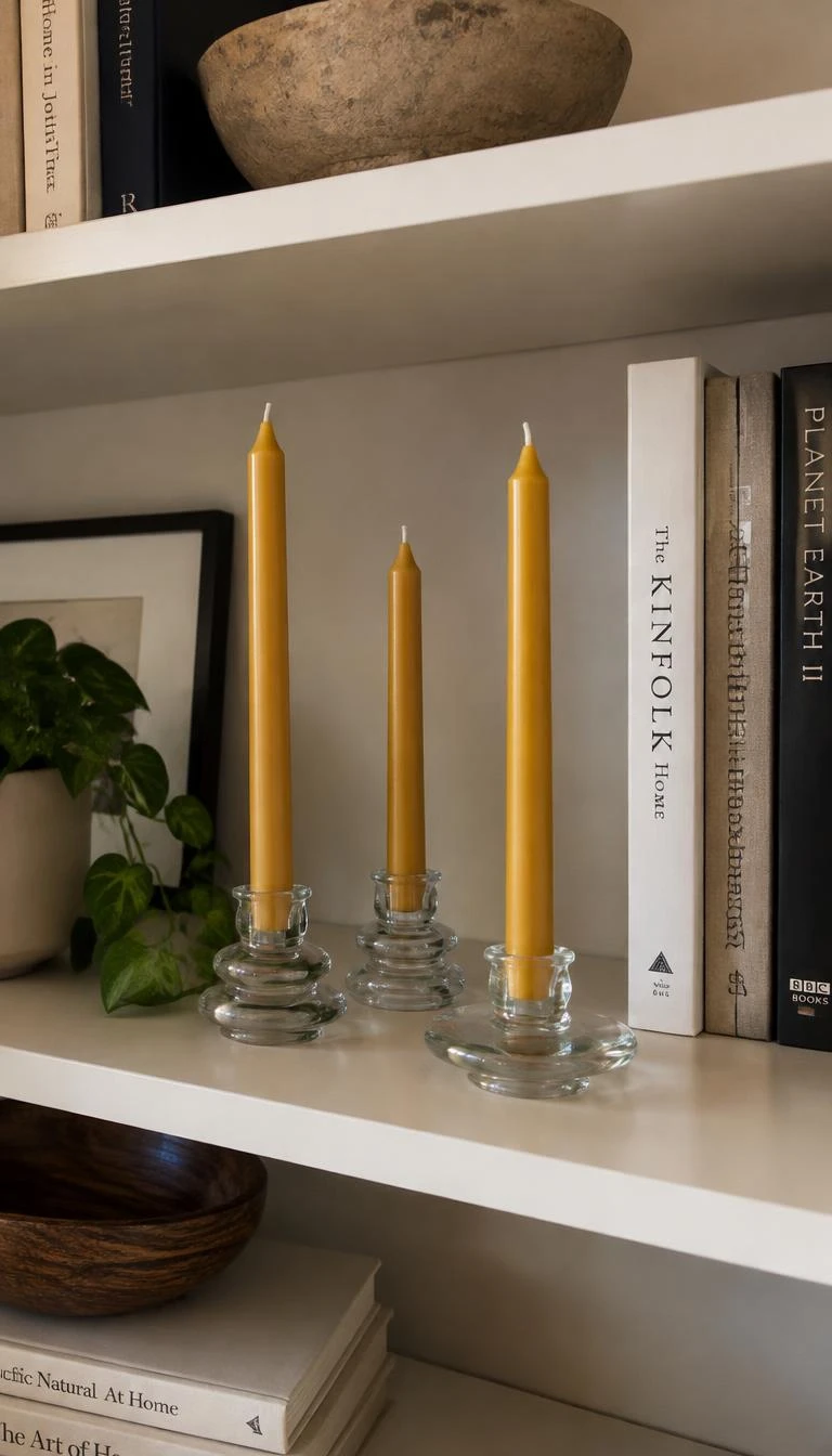 Place Beeswax Tapers In Simple Glass Holders A candid, realistic iPhone photograph of a modern living room bookcase, showing three golden beeswax taper candles in clear heavy glass holders arranged near books, soft daylight, sharp wicks, golden honey color