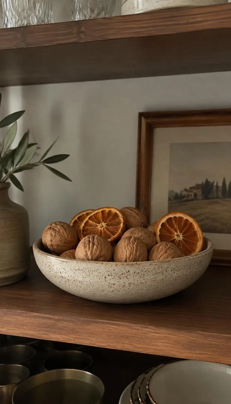 Fill Low Stoneware Bowls With Whole Walnuts And Dried Clementines A candid, realistic iPhone photograph of a dining room shelving unit, showing a shallow speckled stoneware bowl filled with whole unshelled walnuts and dehydrated clementine rounds, natural soft lighting, warm earthy tones