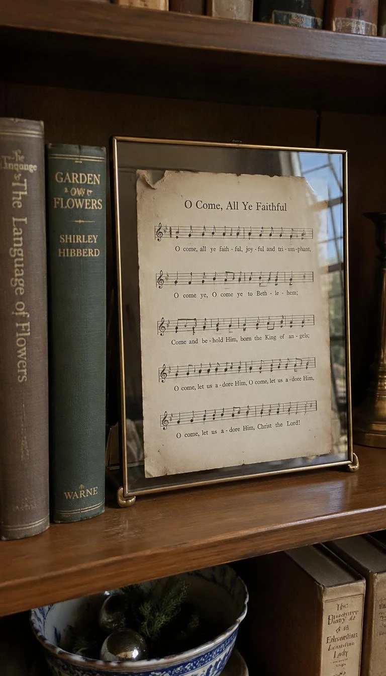 Layer Sheet Music Pages Inside Floating Glass Frames A candid, realistic iPhone photograph of a cozy reading room shelf, showing an aged page of Christmas hymn sheet music pressed in a double-glass brass frame, resting next to books, soft window glow
