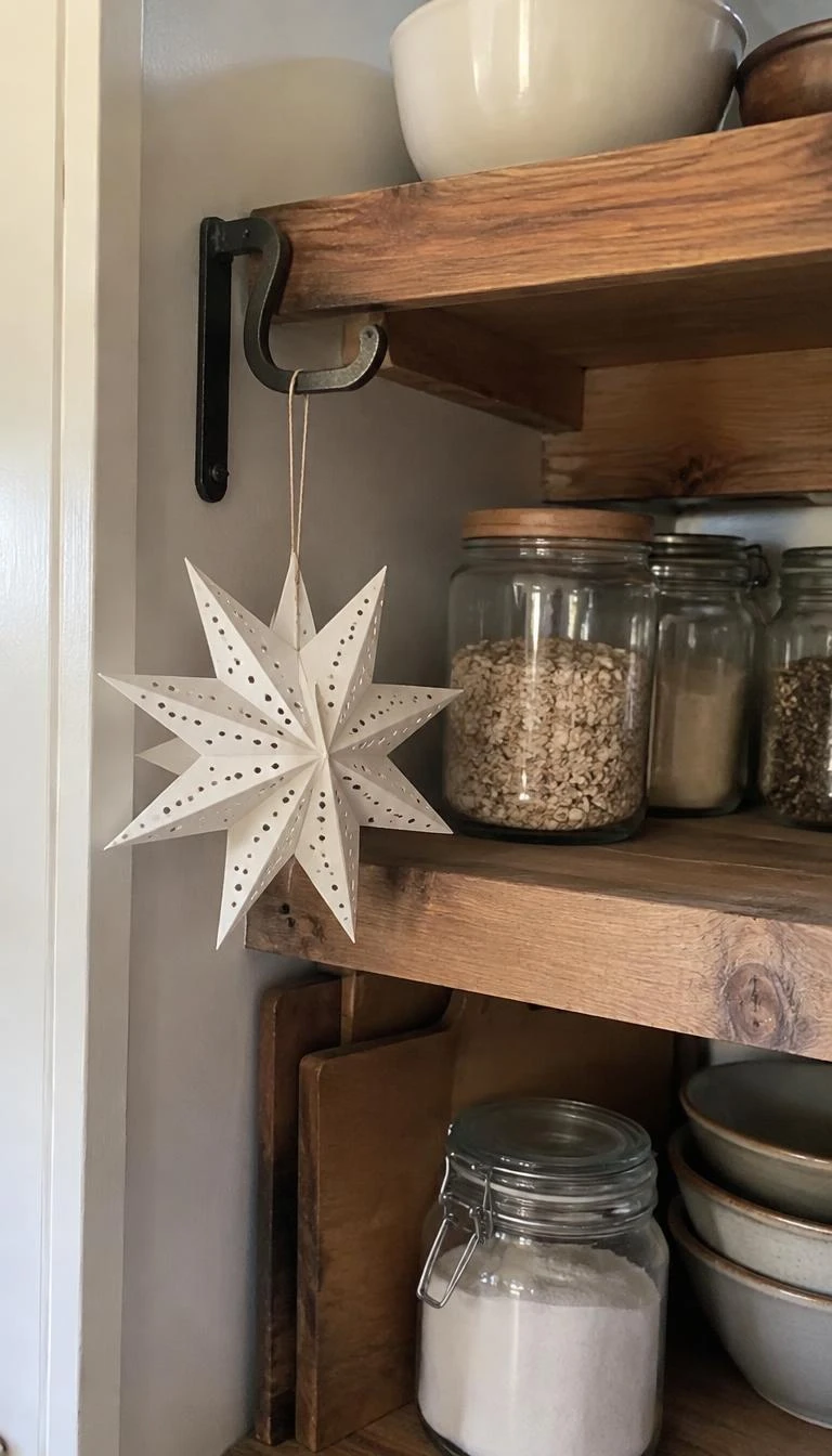 Hang Paper Star Lanterns From Shelf Brackets A candid, realistic iPhone photograph of a kitchen pantry shelf, showing a folded white paper star lantern hanging by a thin flax cord from an iron bracket, warm timber boards, soft indoor natural light, close perspective