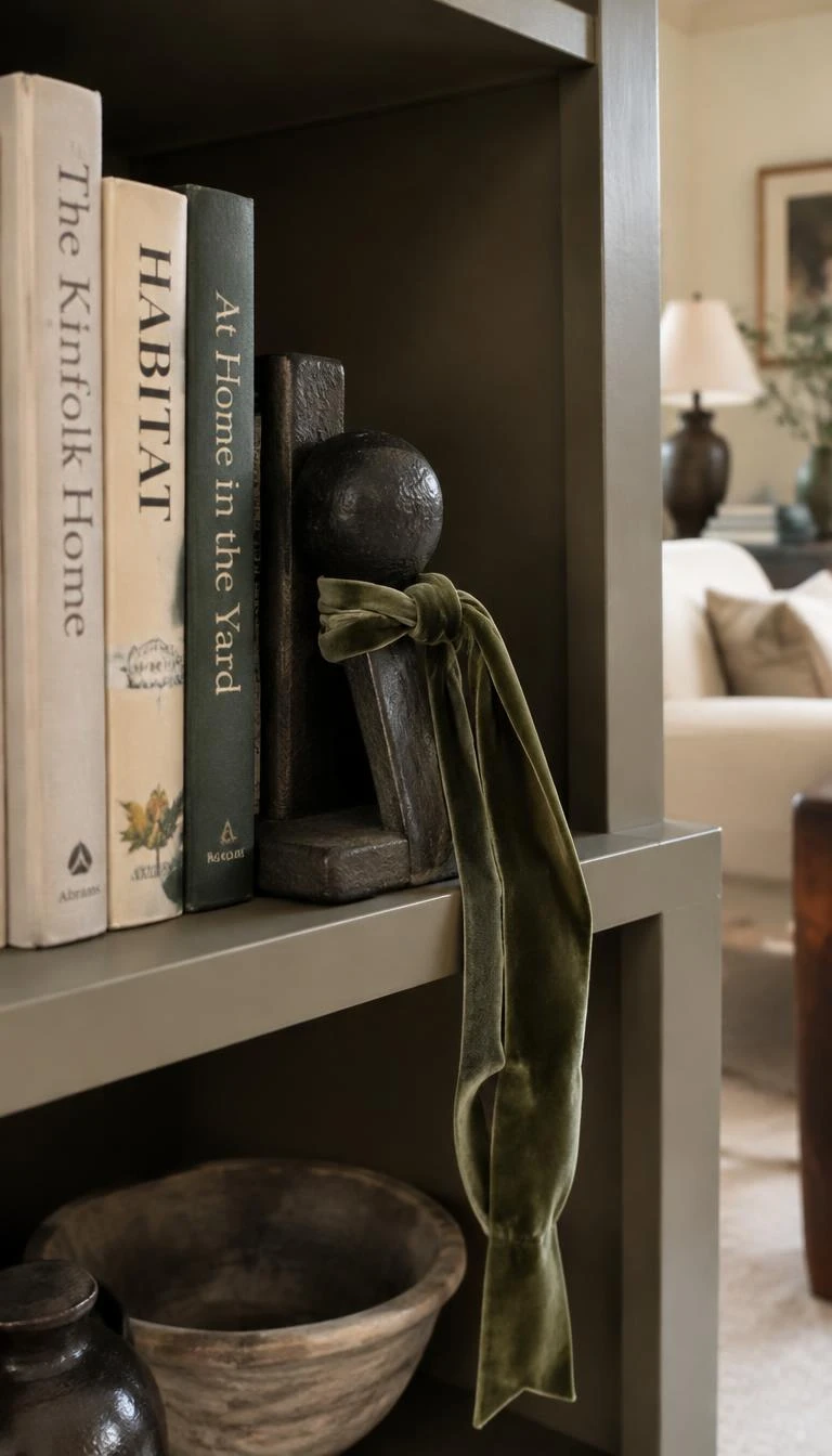 Thread Velvet Ribbon Through Hanging Sconces And Bookends A candid, realistic iPhone photograph of a living room bookshelf, showing a slim moss green velvet ribbon tied loosely around a heavy cast iron bookend, natural warm light, soft fabric texture, muted room background