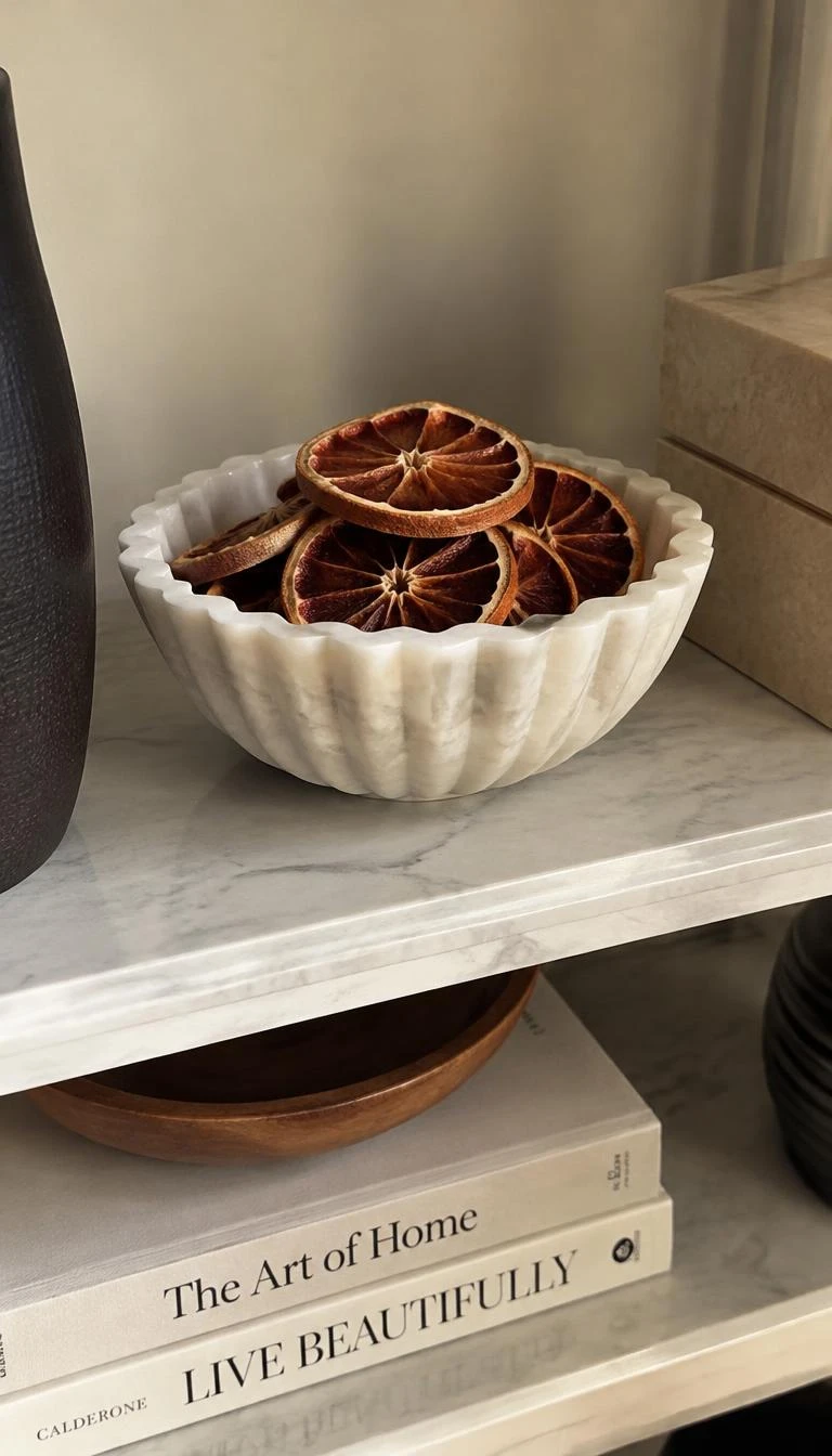 Arrange Dried Orange Slices In Fluted Marble Dishes A candid, realistic iPhone photograph of a living room shelving unit, showing an elegant fluted white marble dish holding neatly stacked dried blood orange rounds, rich translucent color, natural soft lighting