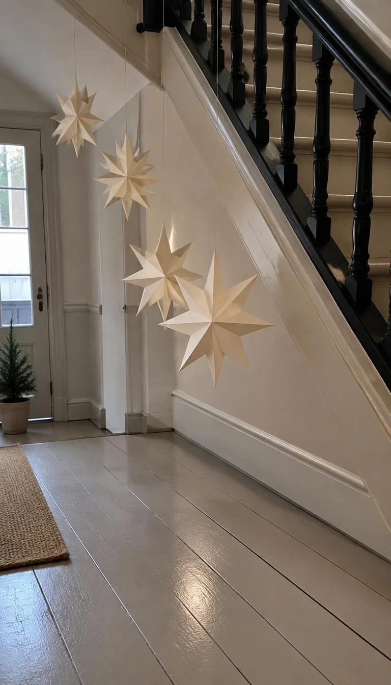 Suspend Paper Star Lanterns from Upper Balusters A candid, realistic iPhone photograph of a staircase with folded cream paper star lanterns hanging from delicate cords beneath a dark railing, soft daylight reflecting on painted floorboards, minimalist holiday feel.