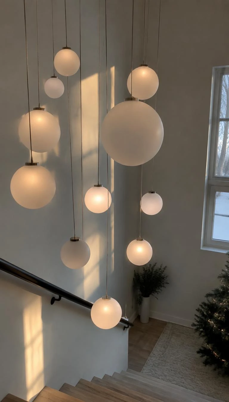 Suspend Frosted Glass Baubles at Staggered Heights A candid, realistic iPhone photograph of a staircase with matte frosted glass globes hanging at varying heights beneath a dark handrail, soft afternoon light, serene festive atmosphere.