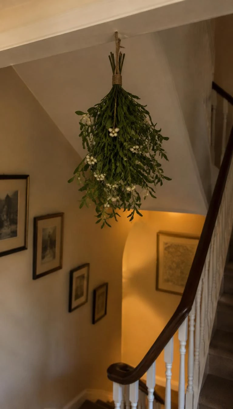 Hang Mistletoe Bundles Bound with Jute Twine A candid, realistic iPhone photograph of a staircase with a generous mistletoe bunch hanging beneath the first flight ceiling return, tied with simple jute cord, warm plaster walls, quiet holiday mood.