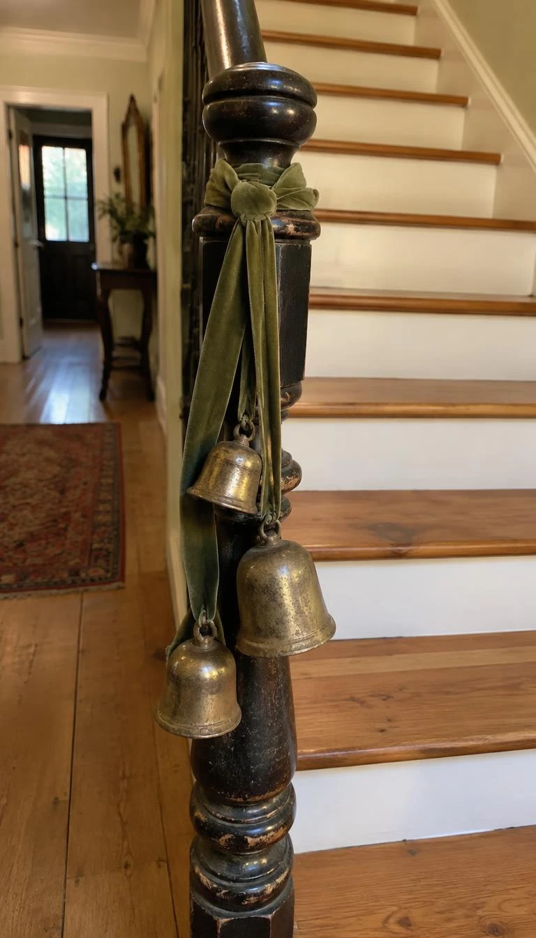 Cluster Vintage Brass Bells with Olive Velvet Ties A candid, realistic iPhone photograph of a staircase featuring three weathered brass cowbells tied with long olive green velvet ribbons to the base of an antique newel post, polished pine treads, soft ambient lighting.