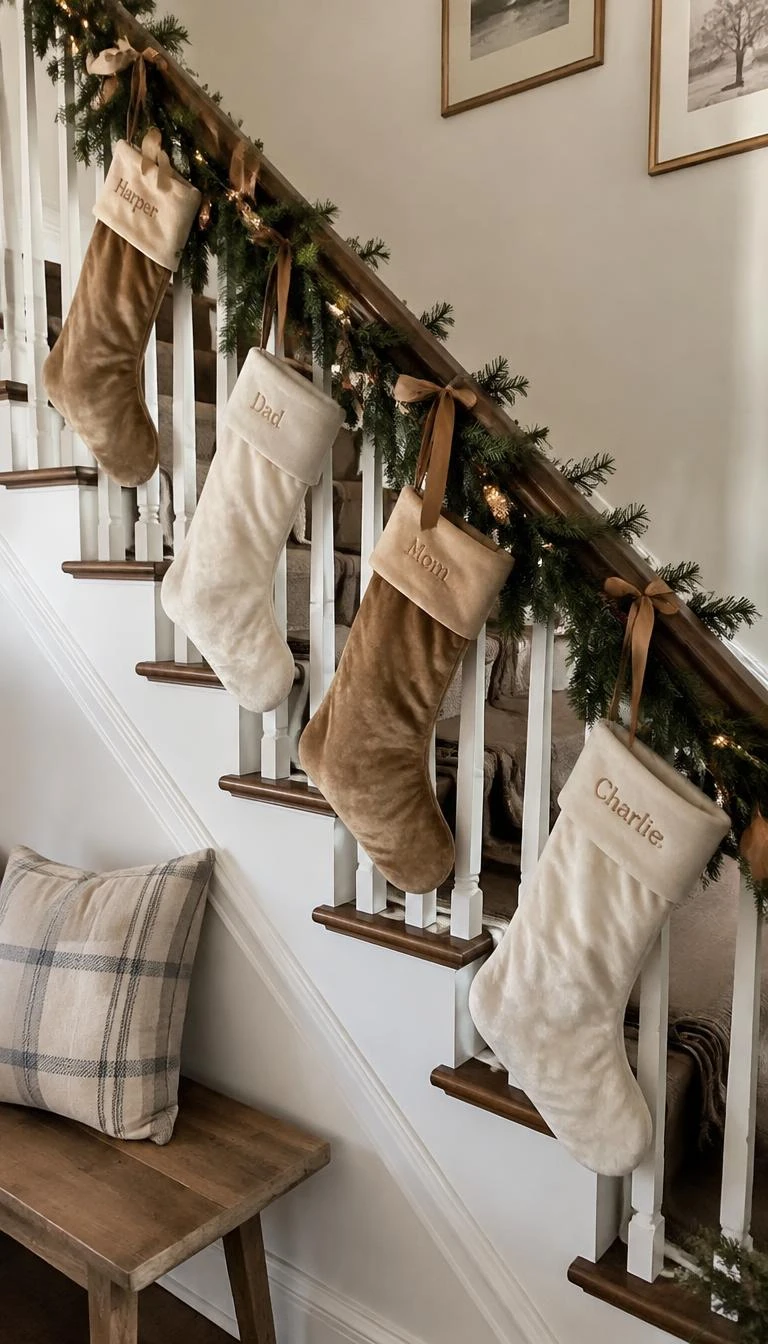 Hang Velvet Stockings Along the Tread Ends A candid, realistic iPhone photograph of a staircase displaying personalized velvet stockings in warm camel and ivory tones hanging from outer stair balusters, soft morning daylight, quiet festive home.