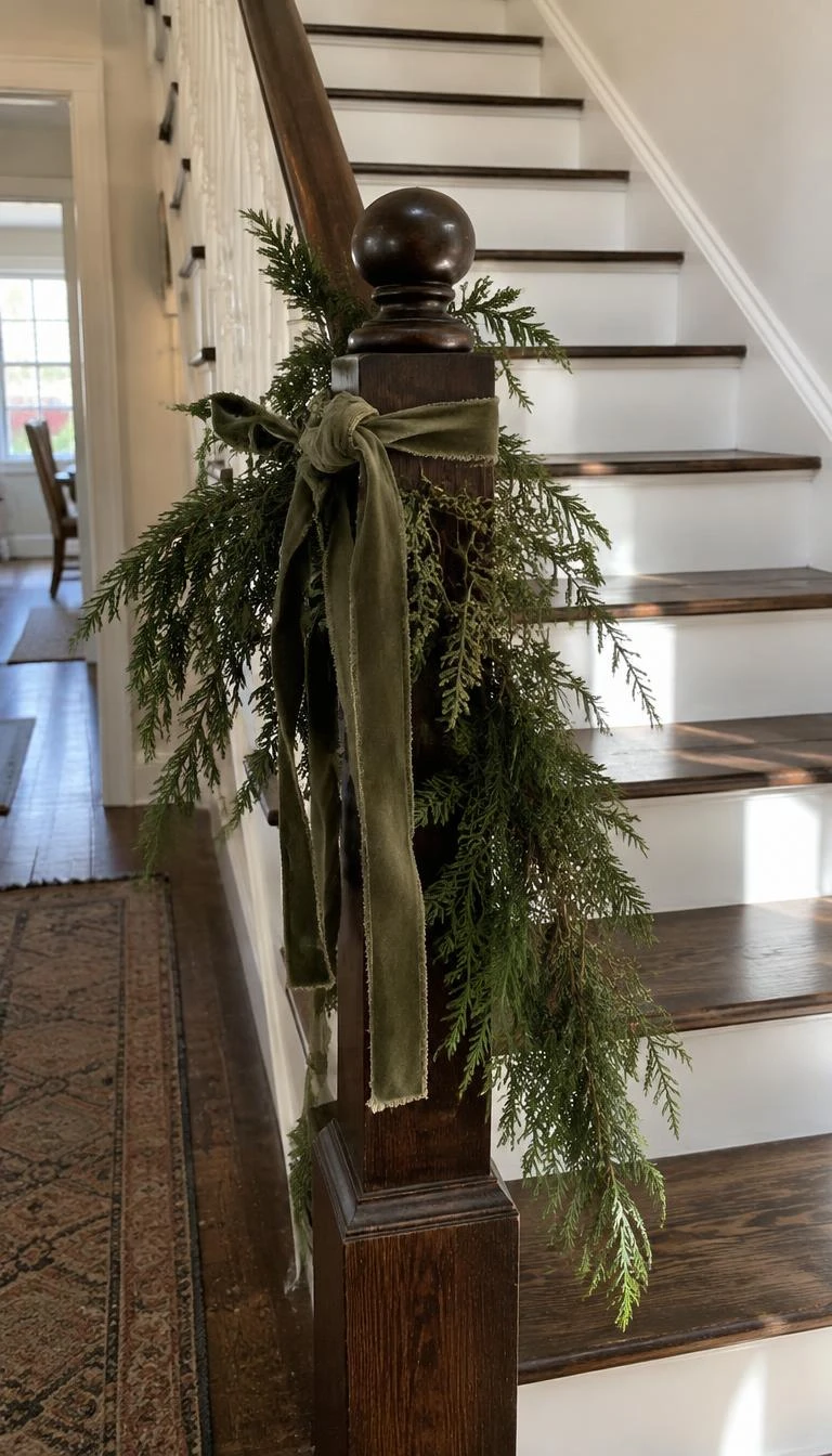 Hang Asymmetrical Cedar Swags at the Newel Posts A candid, realistic iPhone photograph of a staircase featuring an asymmetrical cedar branch swag tied to a dark wooden newel post with a frayed moss green ribbon, natural daylight spilling across white painted steps, soft shadows, warm home interior.