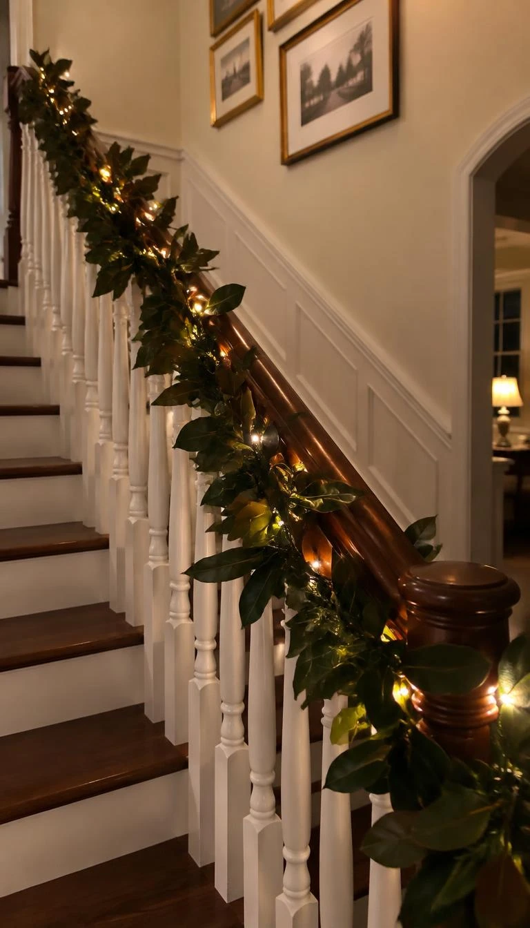 Loop Warm Fairy Lights Behind Dense Magnolia Leaves A candid, realistic iPhone photograph of a staircase with thick glossy magnolia leaf garland backlit by warm micro fairy lights, soft glowing evening ambiance, polished hardwood balustrade.