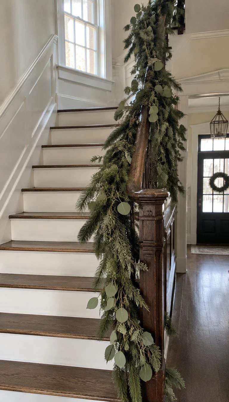 Layer Seeded Eucalyptus Over Dense White Pine A candid, realistic iPhone photograph of a staircase adorned with mixed garland of dense white pine and seeded eucalyptus along an aged banister, gentle natural lighting, bright airy entryway.