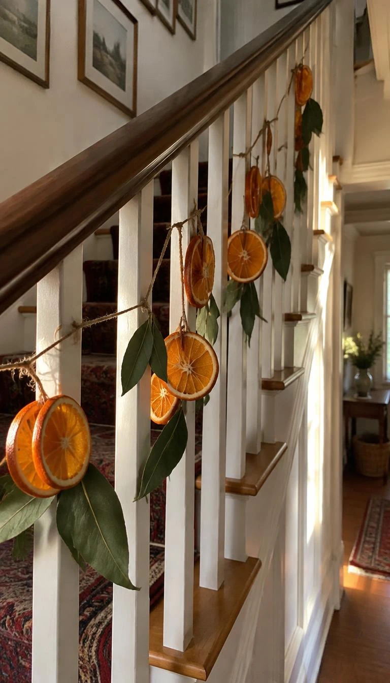 Tie Dried Orange Slices to Exposed Balusters A candid, realistic iPhone photograph of a staircase displaying strands of dehydrated orange wheels and bay leaves tied to square white spindles with natural twine, warm afternoon sun, charming cottage entry.