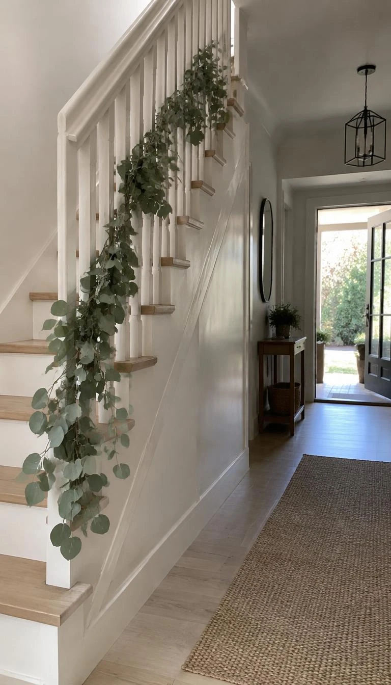Drape Loose Eucalyptus Swags Across the Outer Stringer A candid, realistic iPhone photograph of a staircase showing fresh silver dollar eucalyptus leaves suspended along the outer white wood stringer, soft sunlight coming from an open doorway, quiet Scandinavian style entry hall.