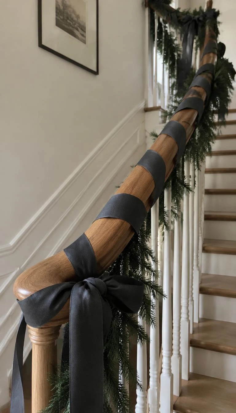 Wrap Dark Grosgrain Ribbon Around Bare Handrails A candid, realistic iPhone photograph of a staircase with a wooden handrail wrapped crisply with wide charcoal grosgrain ribbon, soft daylight, understated architectural holiday styling.