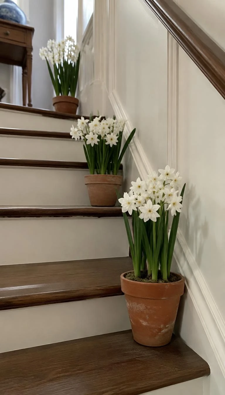 Line the Step Edge with Potted Paperwhite Bulbs A candid, realistic iPhone photograph of a staircase showing small aged terracotta pots filled with blooming paperwhite narcissus resting safely along stair tread corners, soft morning illumination, serene home interior.