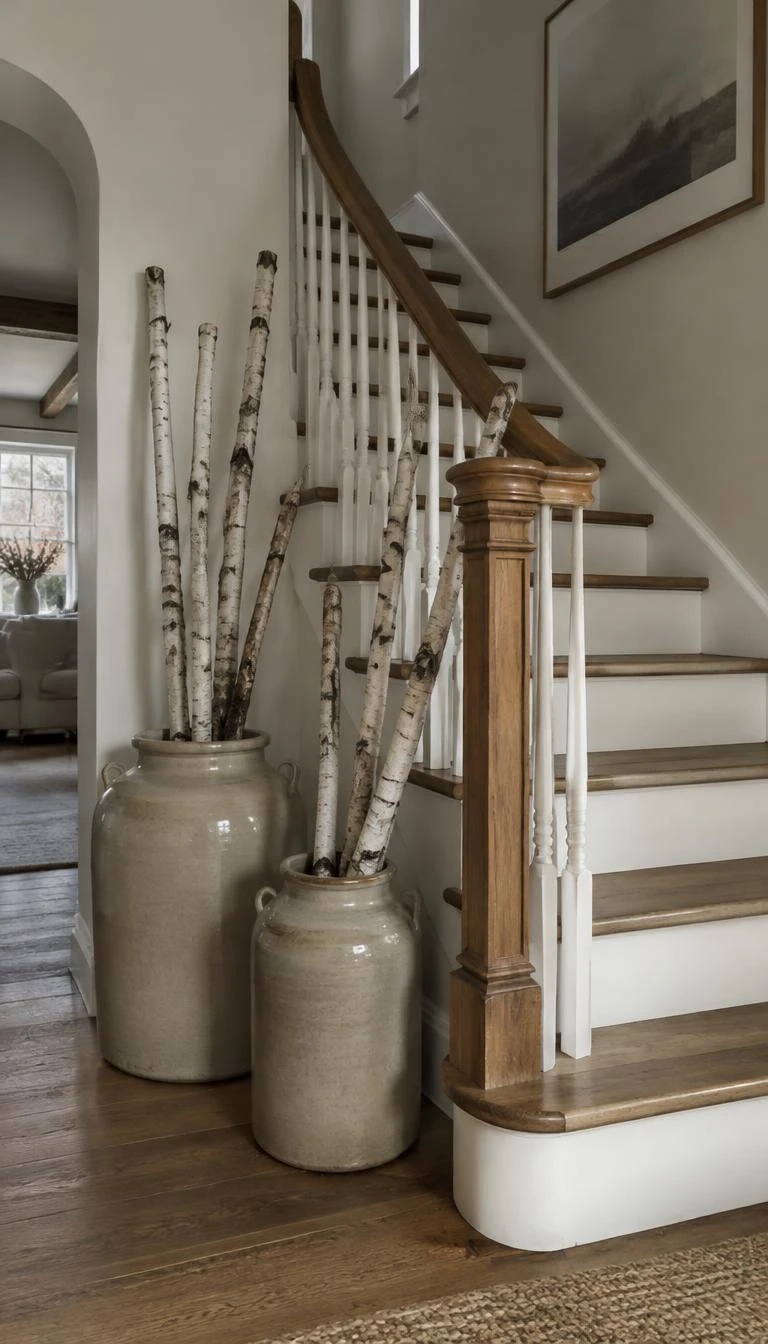 Arrange Stoneware Pitchers with Bare Birch Branches A candid, realistic iPhone photograph of a staircase with two large stoneware pottery jugs holding tall white birch stems beside the bottom newel, soft winter light, rustic minimalist aesthetic.