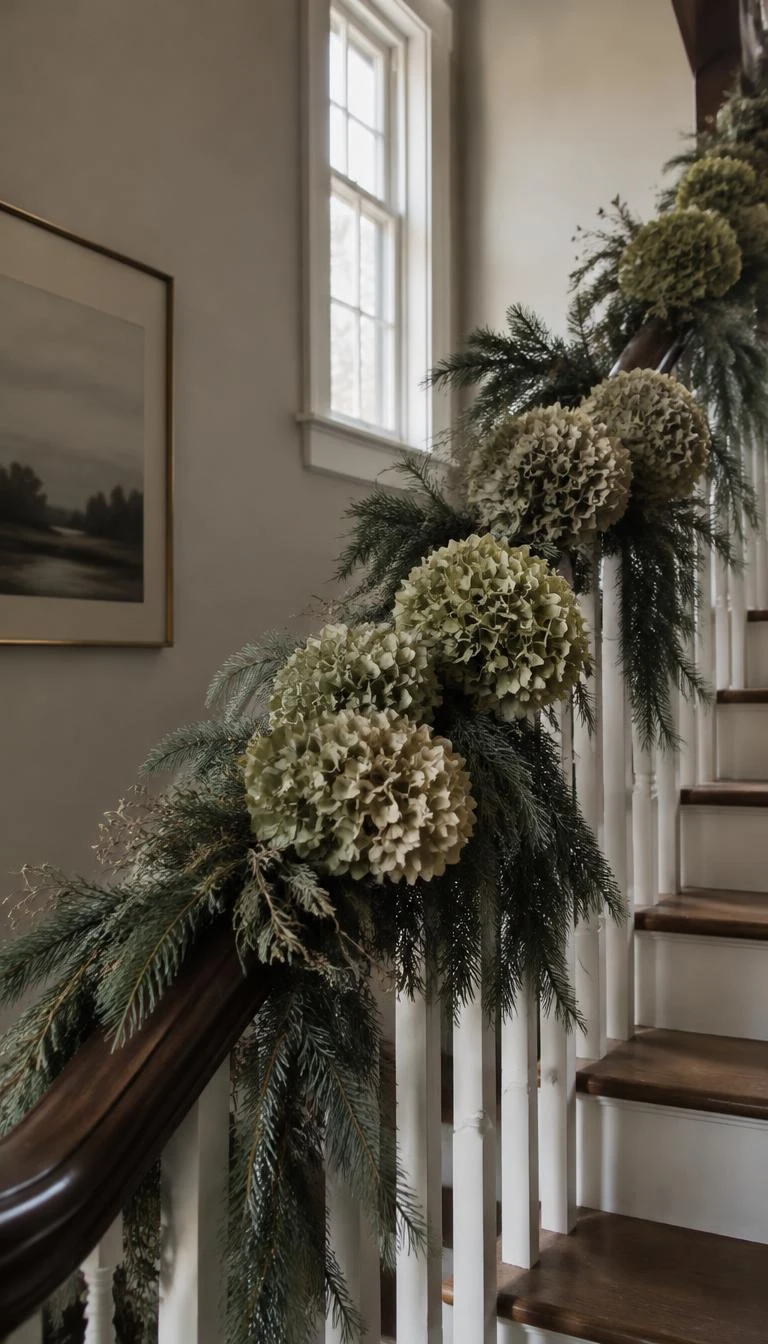 Fasten Dried Hydrangea Blooms Among Spruce Foliage A candid, realistic iPhone photograph of a staircase garland featuring dried antique green hydrangea flower heads nestled among blue spruce boughs, soft natural window light, muted tonal interior.