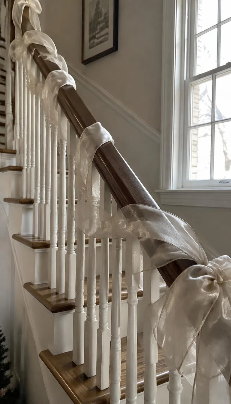 Run Sheer Organdy Ribbon Down the Bannister Rail A candid, realistic iPhone photograph of a staircase wrapped with delicate translucent champagne organdy ribbon along a walnut handrail, natural side window light, understated festive atmosphere.
