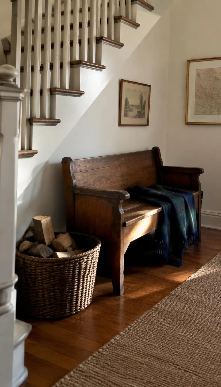 Drape Thick Plaid Wool Throws Across the Landing Bench A candid, realistic iPhone photograph of a staircase landing featuring an antique wooden bench with a folded navy and pine green wool blanket beside a basket of firewood, soft afternoon sunlight.