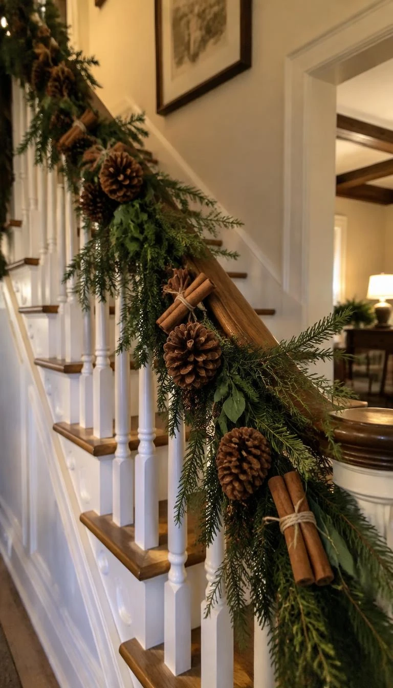 Nest Pinecones and Cinnamon Sticks into Cedar Boughs A candid, realistic iPhone photograph of a staircase garland woven with large sugar pinecones and bundles of real cinnamon bark tied with twine, warm interior lighting, rustic entryway.