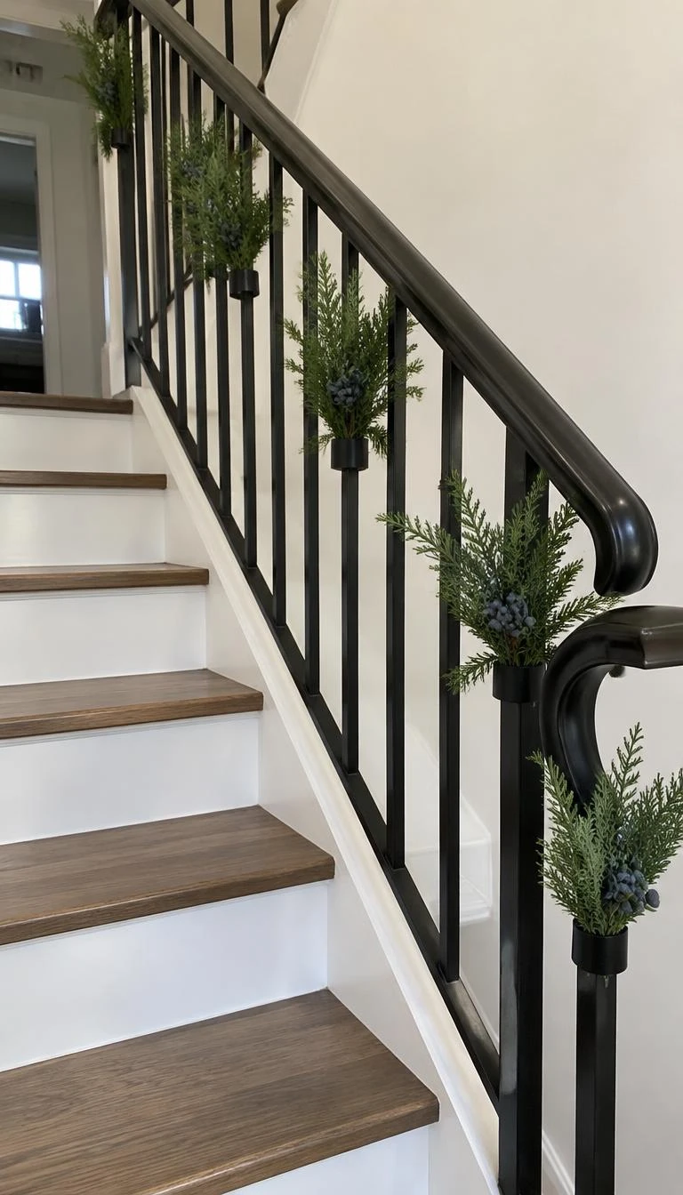 Tuck Real Juniper Sprigs into Flat Metal Clips A candid, realistic iPhone photograph of a staircase with small bundles of blue berry juniper tucked into matte black metal clips along a wrought iron railing, clean modern lines, natural lighting.