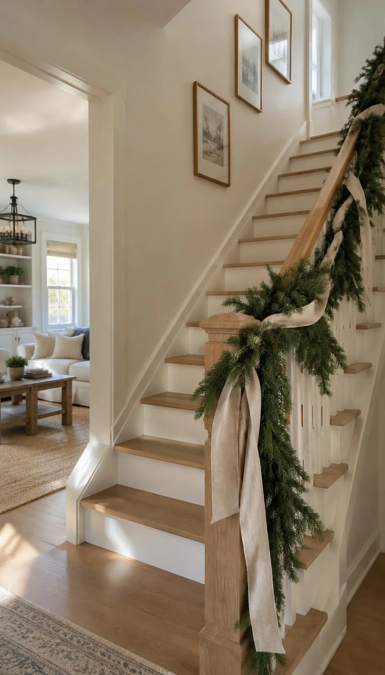 Weave Raw Linen Ribbon Through Fresh Garland A candid, realistic iPhone photograph of a staircase decorated with a fragrant fresh pine garland intertwined with an unbleached raw linen ribbon, soft morning light illuminating light oak handrails, warm off white plaster walls, casual living space.