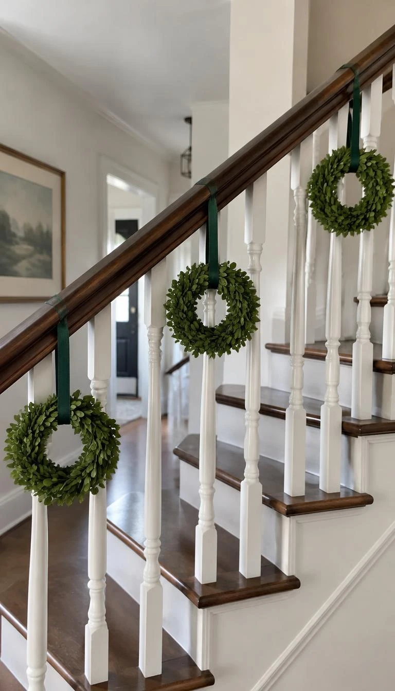 Fasten Small Wreaths to Every Third Spindle A candid, realistic iPhone photograph of a staircase with small eight inch boxwood wreaths suspended along white balusters by thin forest green grosgrain ribbons, bright hallway daylight, neat traditional aesthetic.