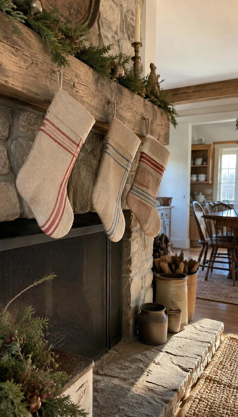 A candid, realistic iPhone photograph of a country kitchen hearth, showcasing stockings sewn from antique hemp grain sacks with faded red and blue woven stripes, warm morning light catching the rough textured fabric.
