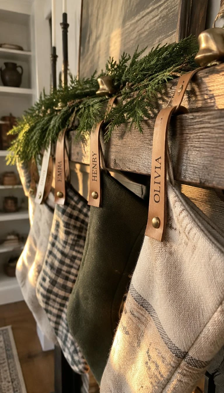 A candid, realistic iPhone photograph of a cozy hearthside setting, showing narrow vegetable tanned leather strips stamped with family names attached by brass rivets to stocking loops, warm golden hour sun filtering through the room.