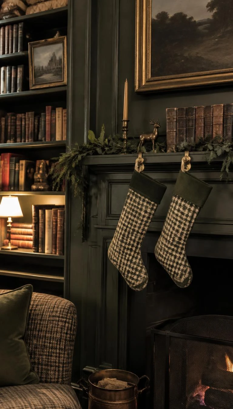 A candid, realistic iPhone photograph of a quiet library mantel, showing two wool stockings in a muted moss green and cream houndstooth plaid hanging from simple brass holders beside old books, soft indoor lamp glow.