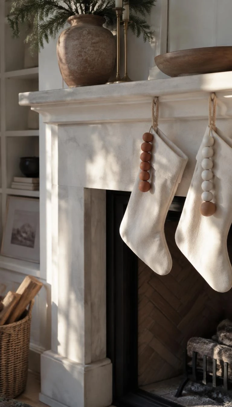 A candid, realistic iPhone photograph of a calm living room hearth, showing unglazed terracotta and white clay beads strung onto the hanging cords of simple cotton stockings, afternoon winter sun illuminating the clay textures.