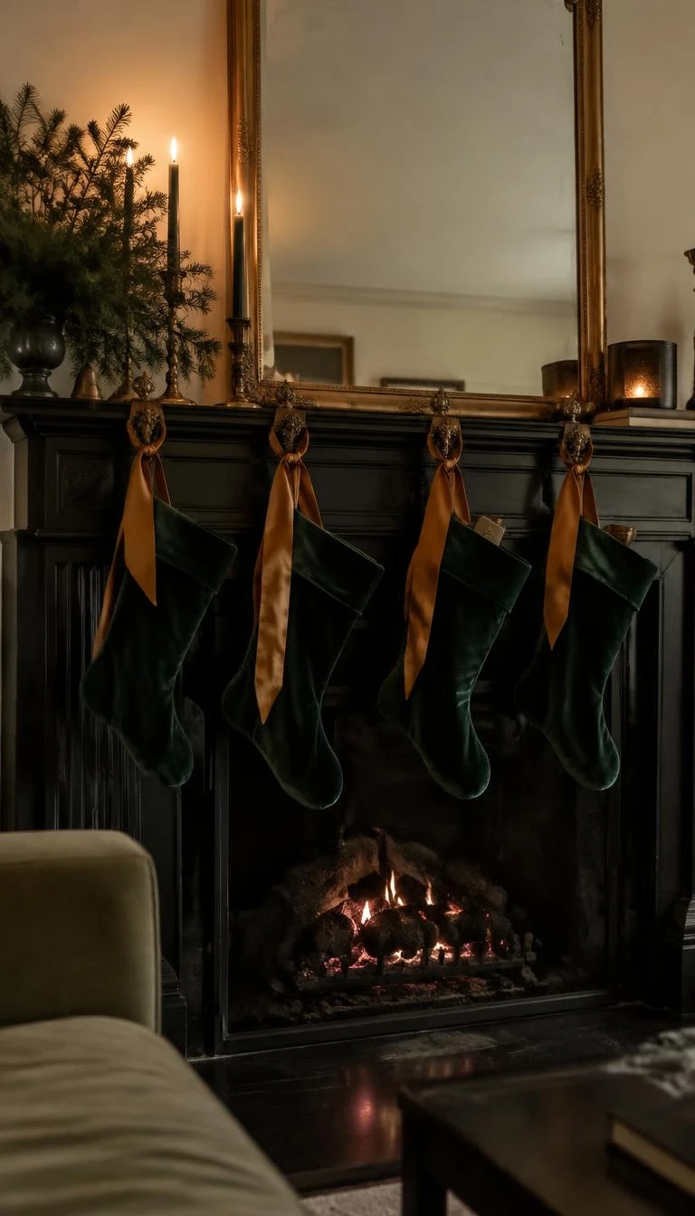 A candid, realistic iPhone photograph of a moody living room fireplace, displaying four dark forest green velvet stockings hung with long amber silk ribbons from antique brass hooks, glowing embers visible in the dark firebox below.