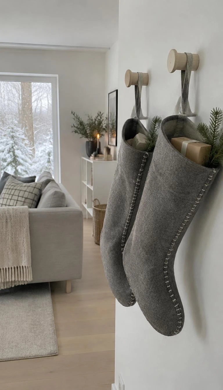 A candid, realistic iPhone photograph of a minimalist Scandinavian living room, showing thick heather grey wool felt stockings with exposed ivory saddle stitching hung from pale birch pegs, cool daylight illuminating the crisp edges.