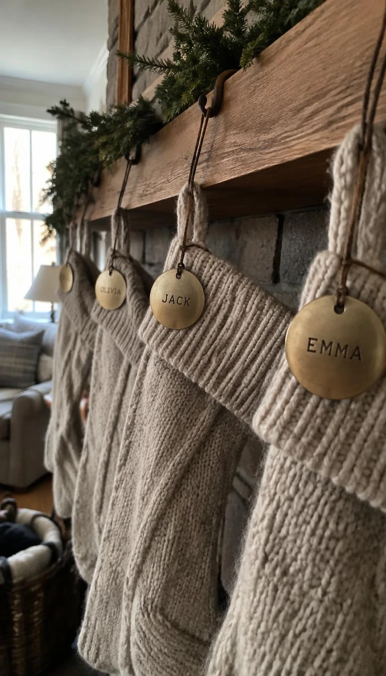 A candid, realistic iPhone photograph of a cozy living room hearth, showing round vintage brass tags stamped with family names tied to oatmeal wool stockings with thin waxed cord, soft afternoon light reflecting off the brushed metal surface.