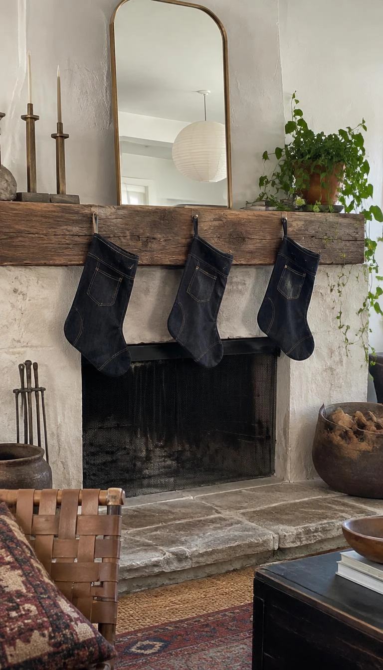 A candid, realistic iPhone photograph of an eclectic living room fireplace, displaying three dark washed denim stockings with light tobacco topstitching hanging from vintage iron nails in reclaimed wood, natural daylight filling the space.