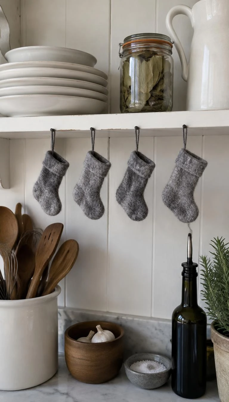 A candid, realistic iPhone photograph of a kitchen shelf display, where four miniature grey felt stockings hang from tiny iron nails beneath stacked white ceramic plates and a small jar of dried bay leaves, bright morning kitchen light.
