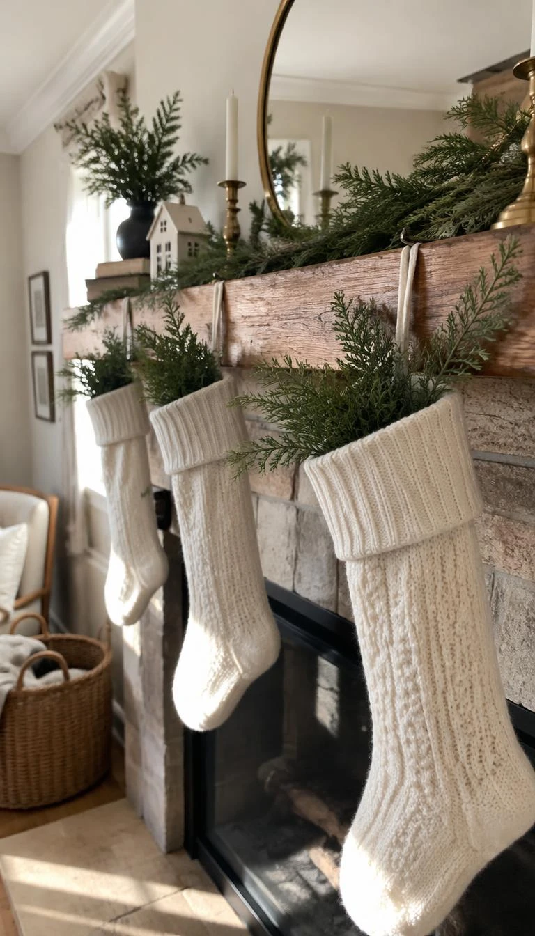 A candid, realistic iPhone photograph of a warm living room mantel, showing fragrant fresh cedar sprigs tucked neatly into the top folded cuffs of cream wool stockings, natural sunlight highlighting the fine green needles.