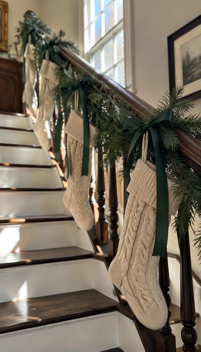 A candid, realistic iPhone photograph of a classic stairwell landing, featuring thick knit stockings secured to dark wood balusters with forest green grosgrain ribbon alongside a pine garland, soft window light falling on the steps.