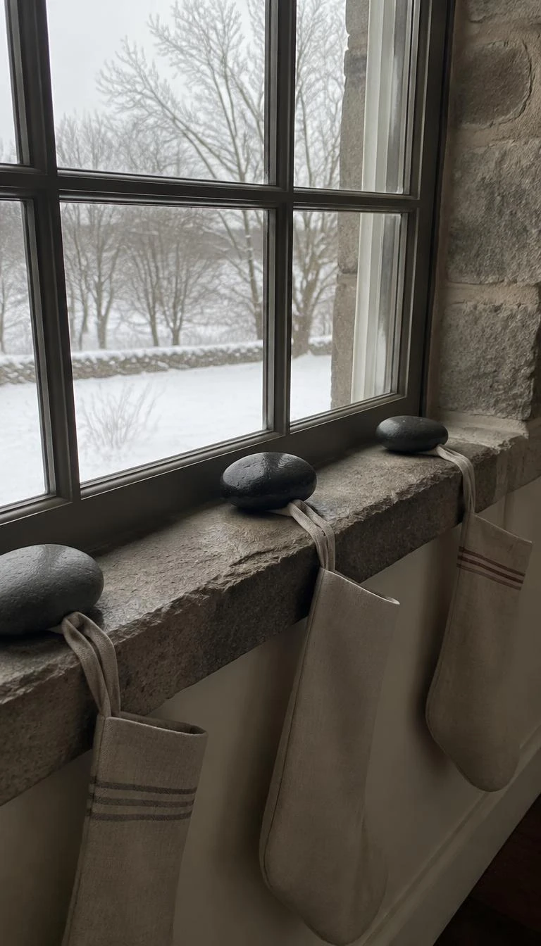 A candid, realistic iPhone photograph of a deep stone windowsill in an old home, featuring smooth dark river stones holding natural linen stockings by their loops against the winter window view outside, soft diffuse grey light.